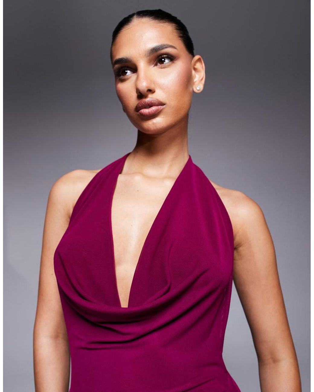 Murci Purple Exclusive Mesh Halterneck Open Back Cowl Neck Maxi Dress