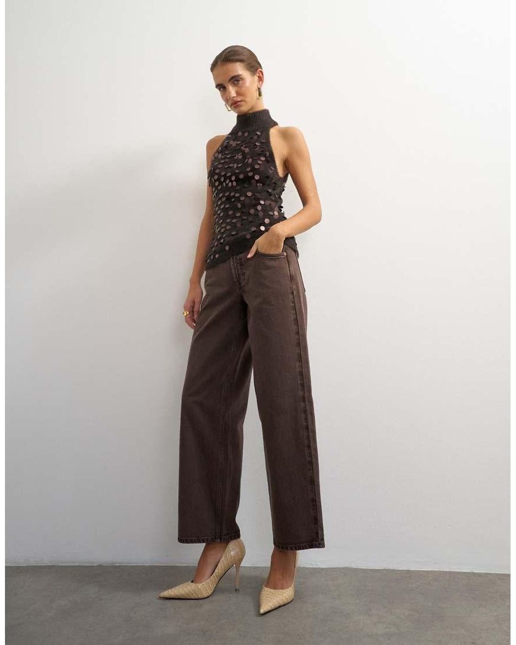 TOPSHOP Black Knitted Halter Neck Sequin Top