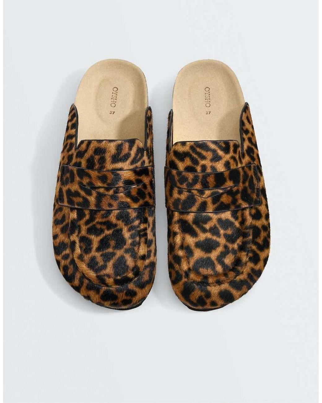 Oysho Brown Animal Print Split-Leather Mules