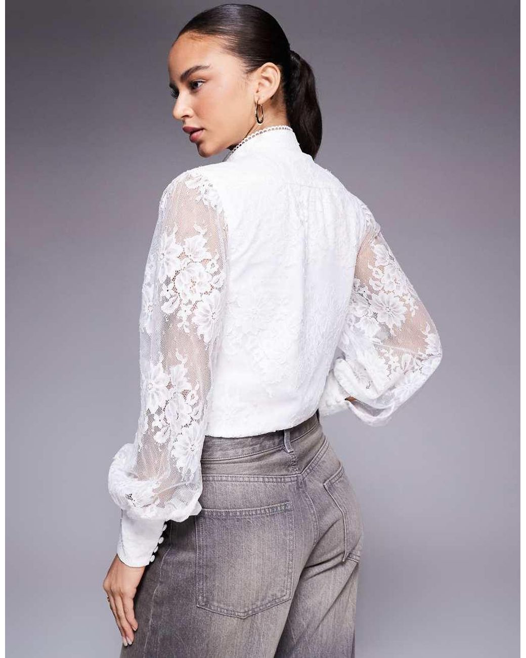 Bardot Gray Olessia Cotton Lace High Neck Balloon Sleeve Shirt