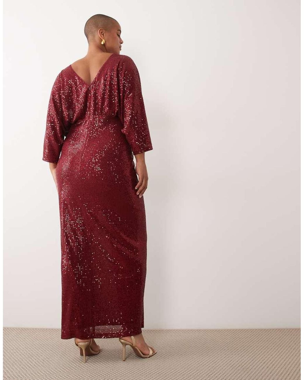 Tfnc Plus Red Sequin Mesh Kimono Sleeve Thigh Split Maxi Dress