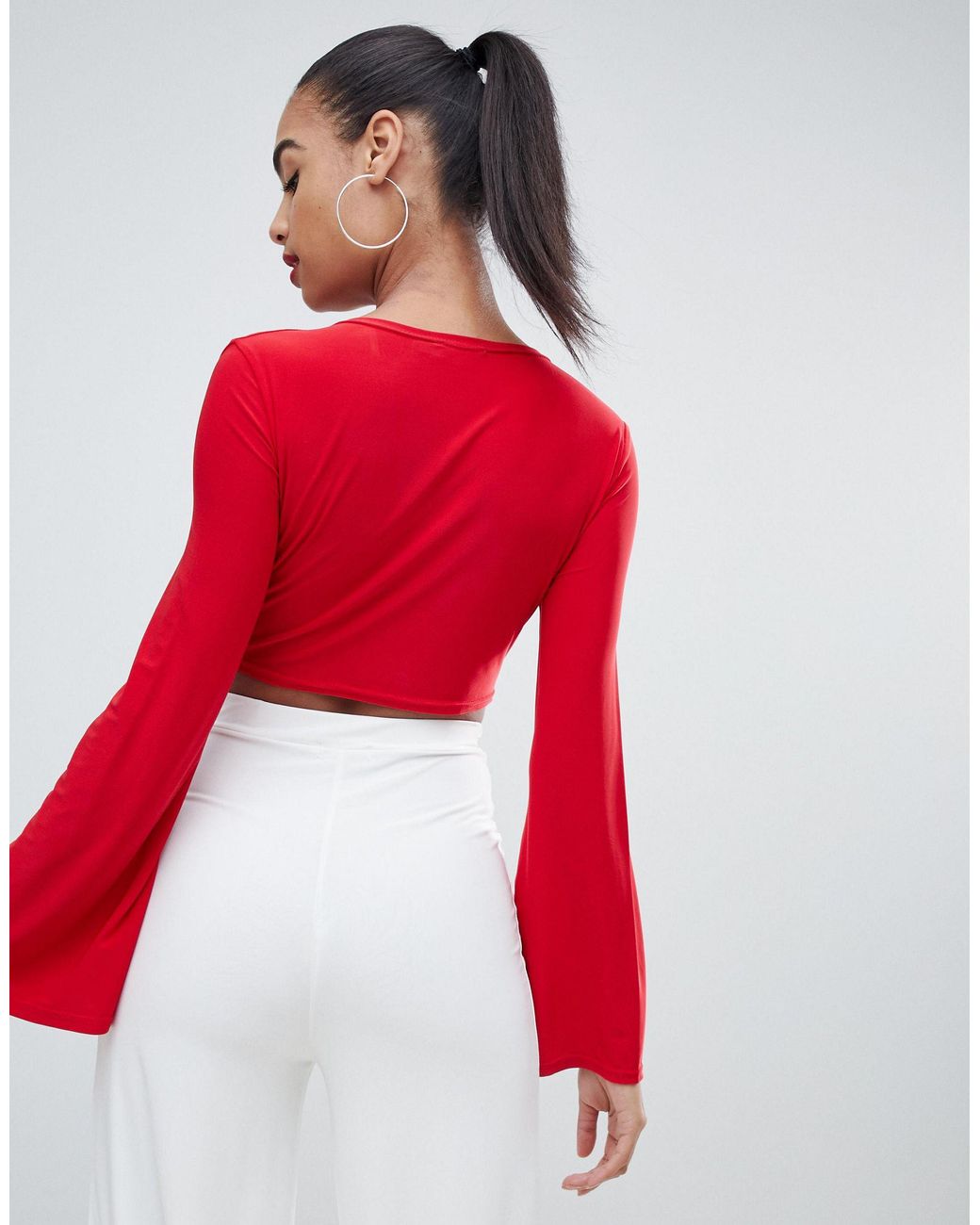 PrettyLittleThing Slinky V Neck Ruched Flare Sleeve Crop Top In Red | Lyst
