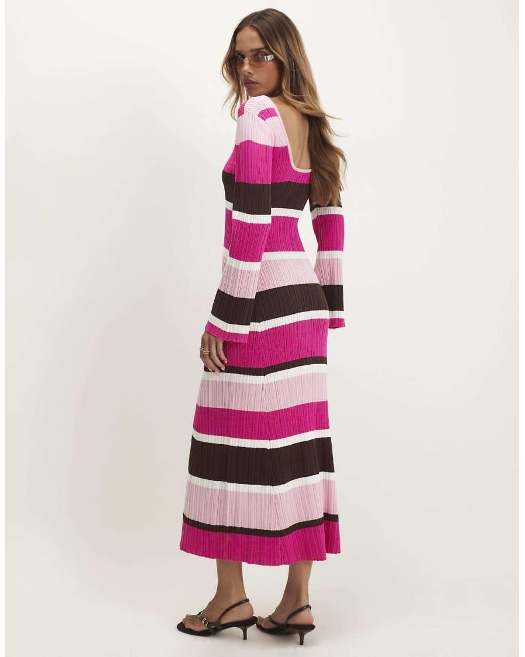 River Island Pink Stripe Knit Long Sleeve Midi Dress