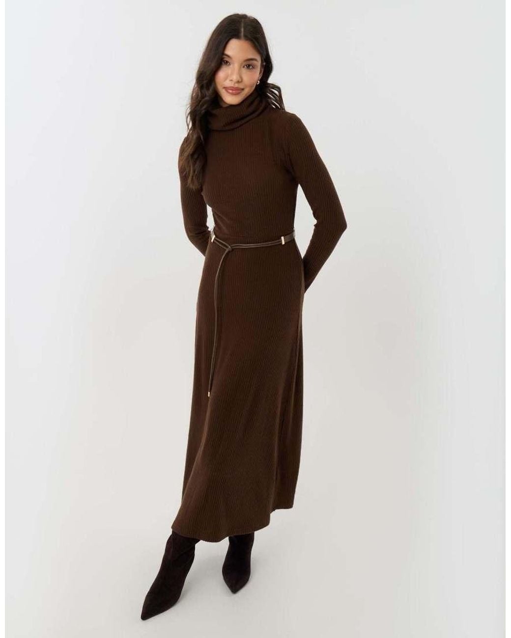 Threadbare Brown Petite Ribbed Roll Neck Maxi Dress With Belt