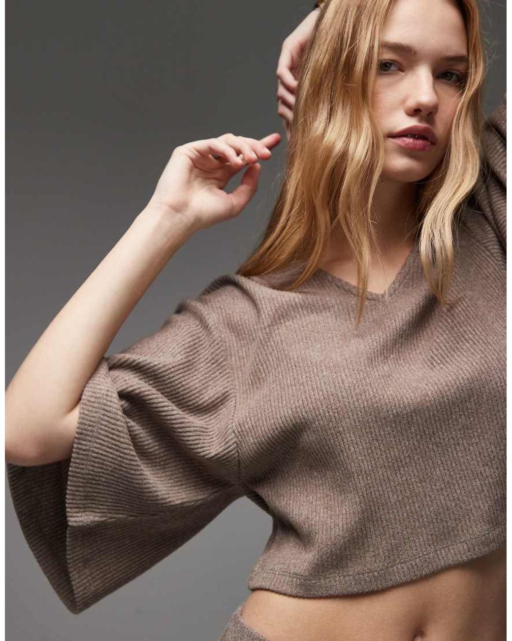 ASOS Brown Supersoft Brushed Rib V Neck Waterfall Jumper