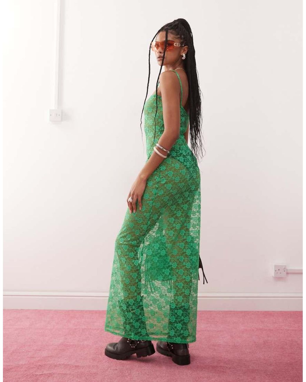 Collusion Fitted Square Neck Sheer Lace Maxi Dress in Green | Lyst UK