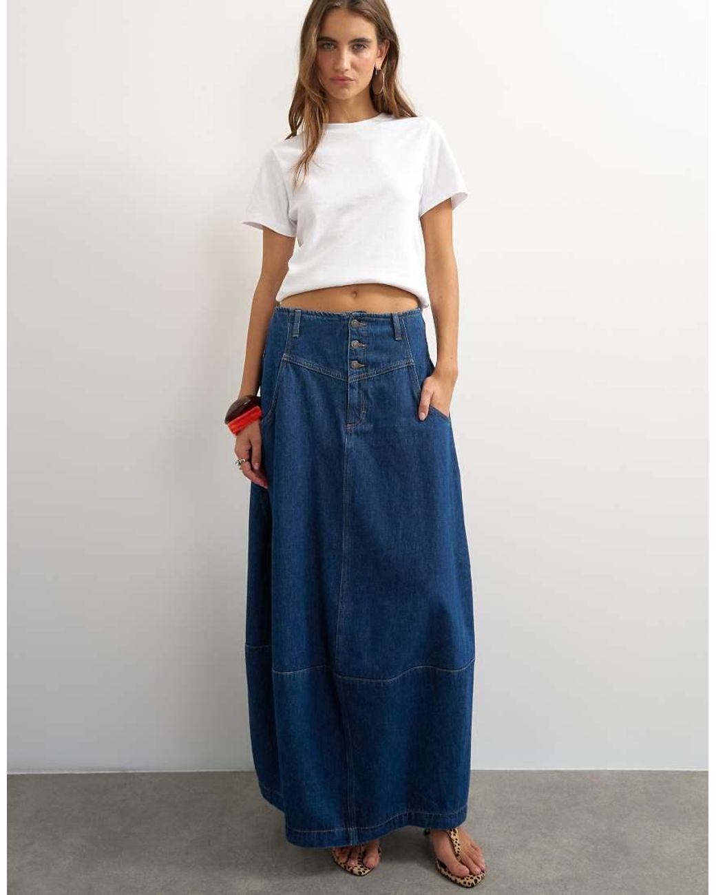 TOPSHOP Blue Button Front Barrel Maxi Skirt