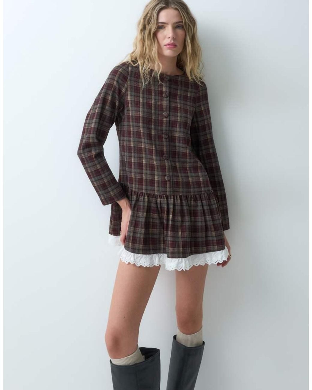 Neon Rose Gray Long Sleeve Mini Dress With Lace Trim