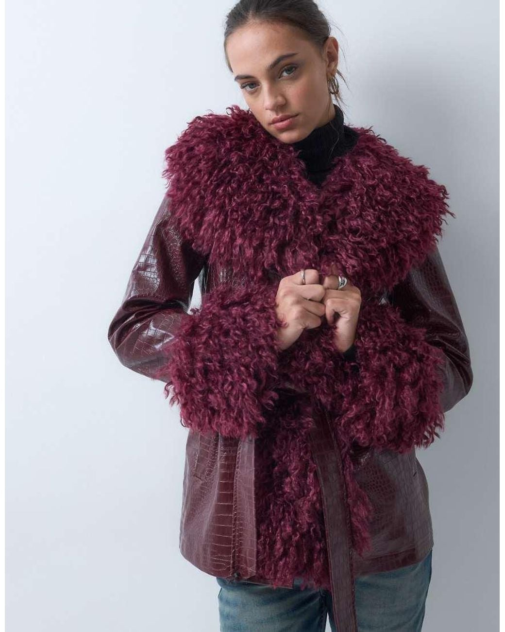 Reclaimed Vintage Multicolor Faux Croc Cropped Trench Coat With Faux Fur Collar