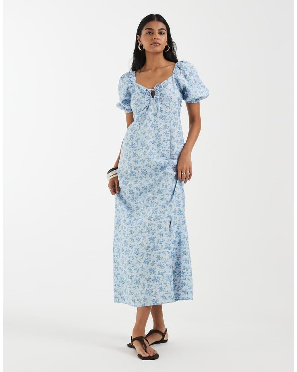 Vero Moda Blue Puff Sleeve Tie Front Detail Maxi Dress