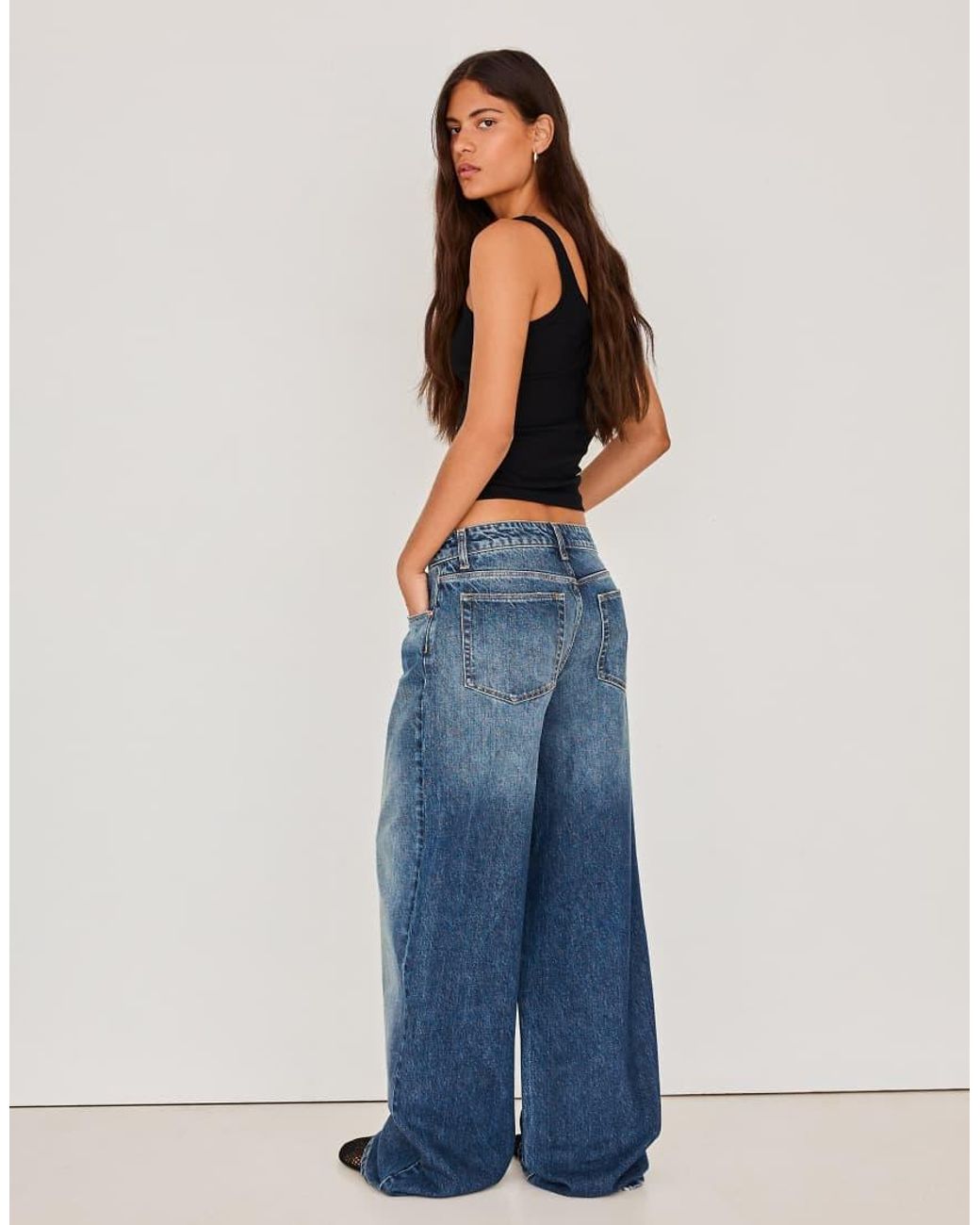Bershka Blue High-waist Wide-leg Ripped Jeans