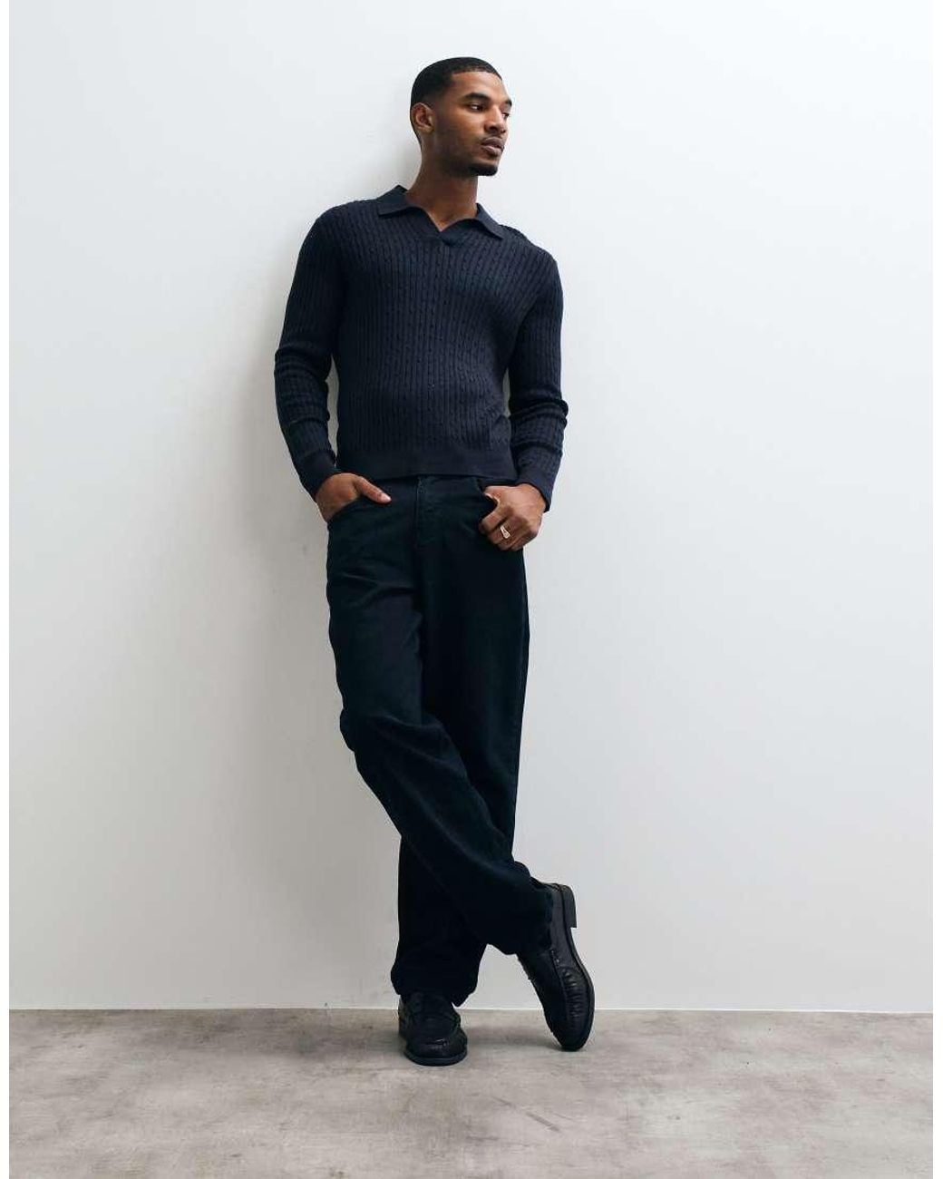 Mango Blue Knitted Revere Collar Sweater for men