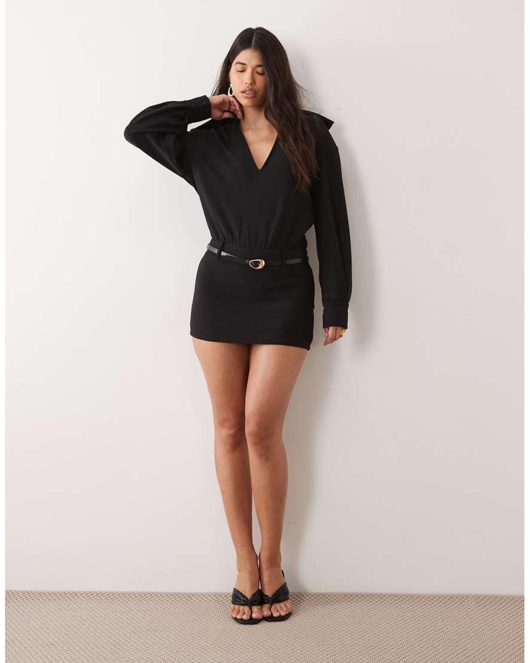 Noughts & Kisses Black Plunge Neck Collared Balloon Sleeve Gold-tone Belted Mini Dress