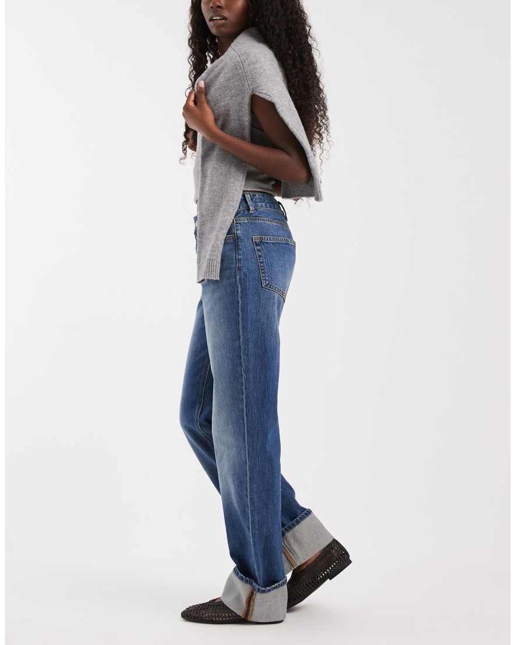 Vero Moda Blue Coline Mid Rise Straight Leg Jeans With Fold Up