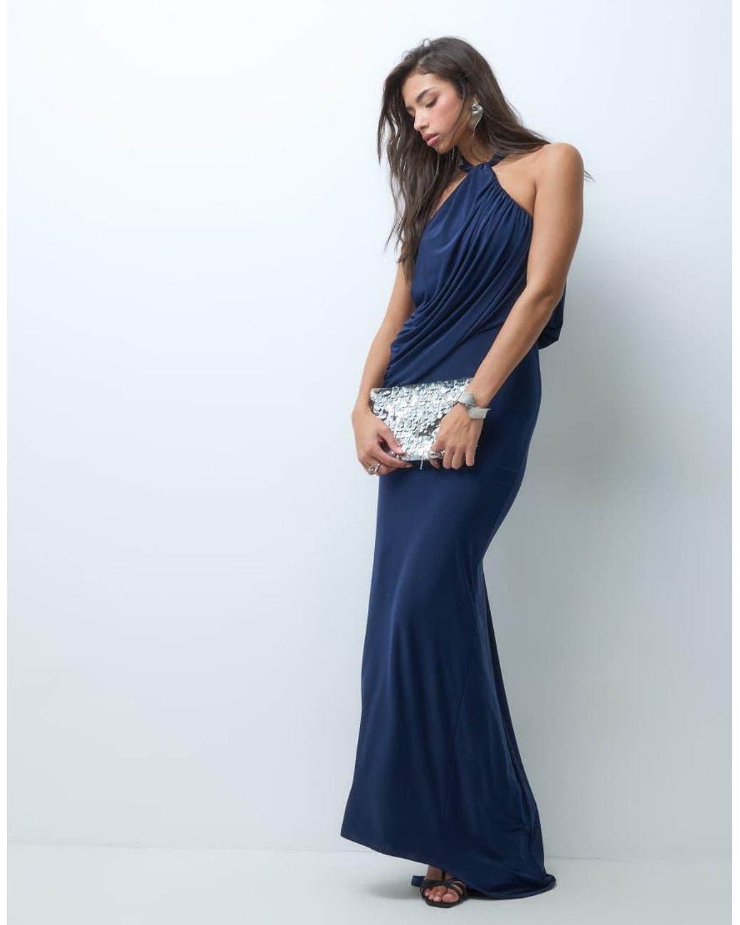 ASOS Blue Halter Neck Drape Maxi Dress With Open Back & Train