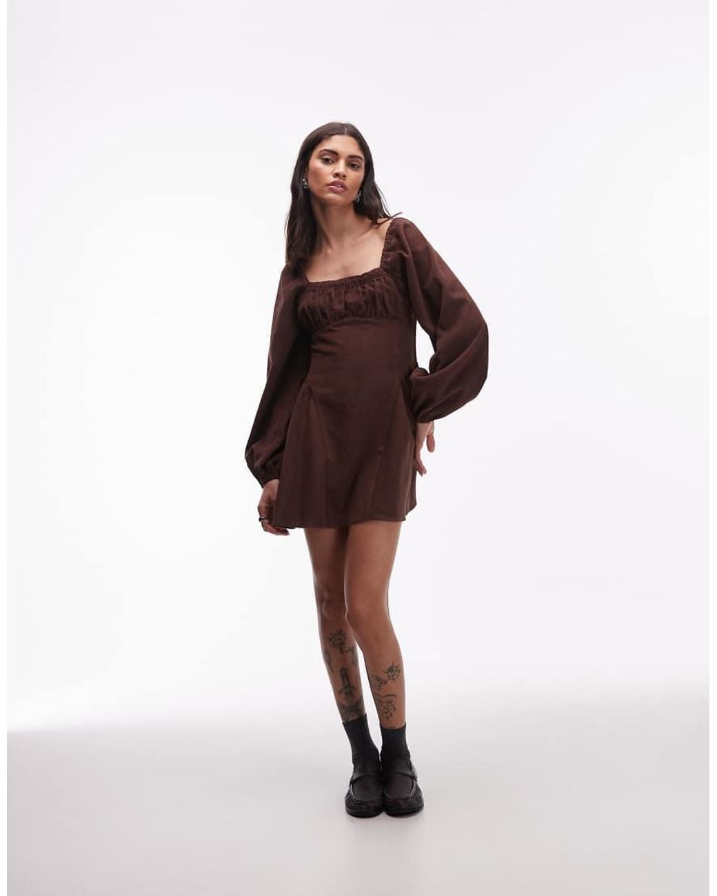 ASOS Brown Square Neck Cord Skater Mini Dress