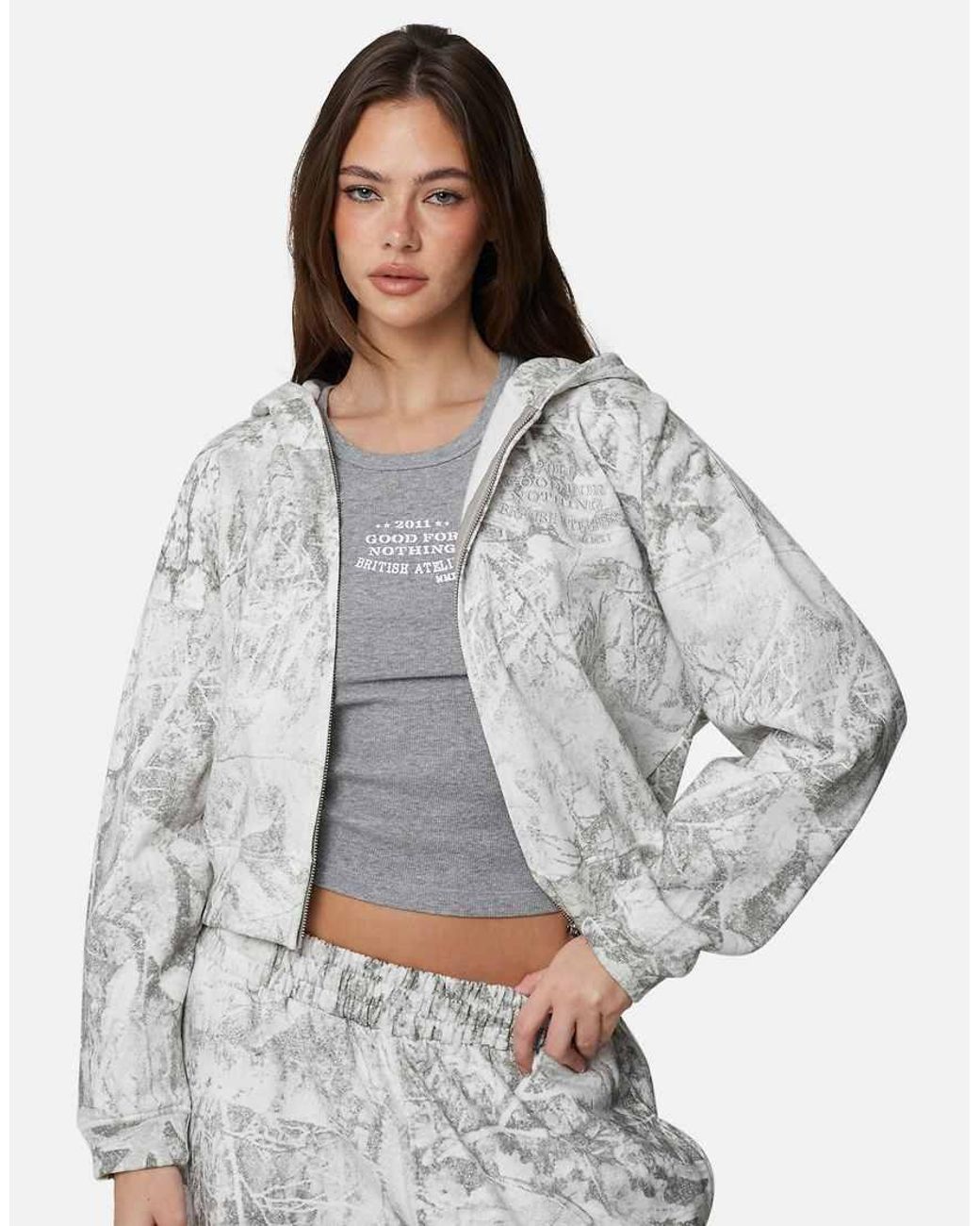 Good For Nothing Gray Baggy Camo Zip Hoodie With Embroidered Logo