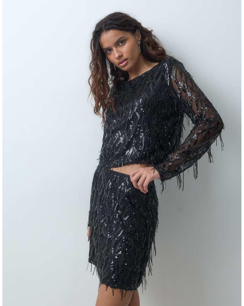 ONLY Black Cropped Long Sleeve Mesh Overlay Sequin Top Co-Ord