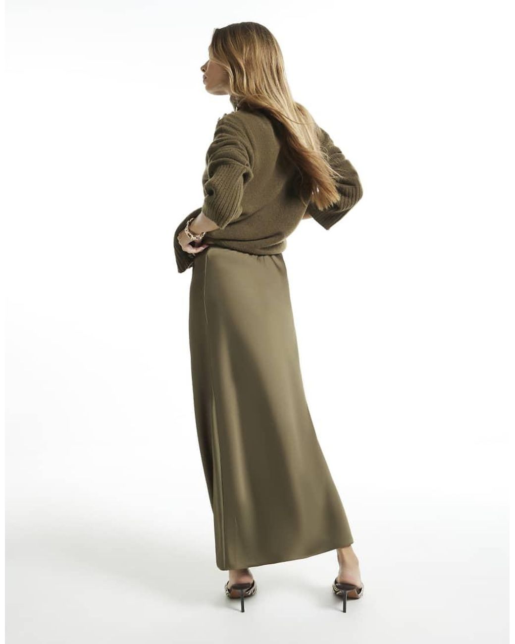 River Island Green Satin Bias Maxi Skirt