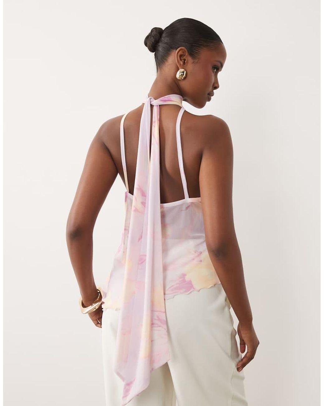 ASOS Natural Printed Mesh Tie Front Asymmetric Hem Halter Top