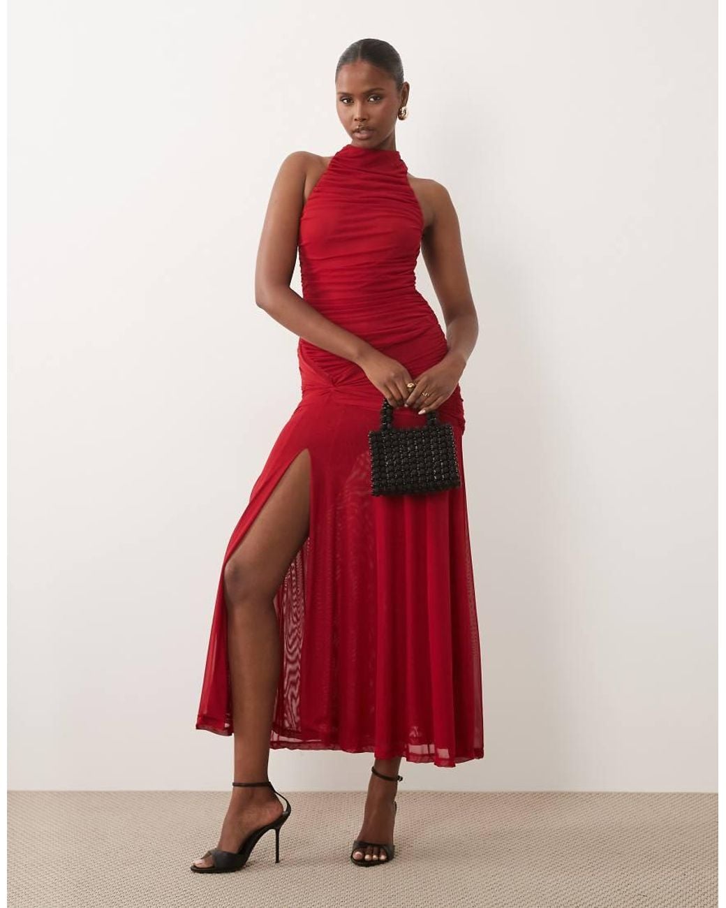 Bardot Red Mesh High Neck Ruched Side Thigh Split Maxi Dress