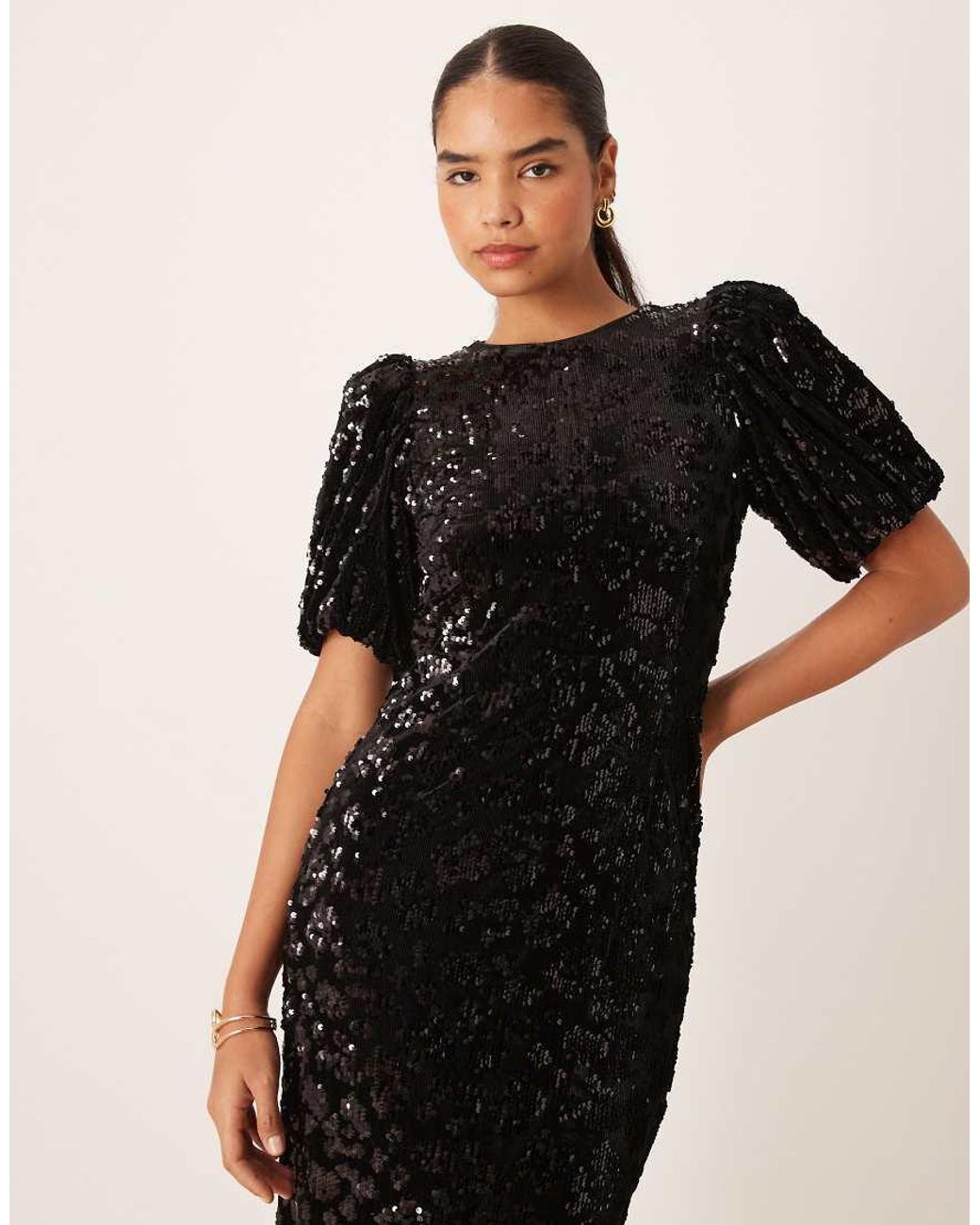 Y.A.S Black Puff Sleeve Sequin Midi Dress
