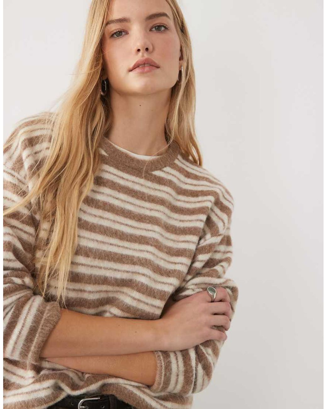 ASOS Natural Brushed Striped Crew Neck Jumper