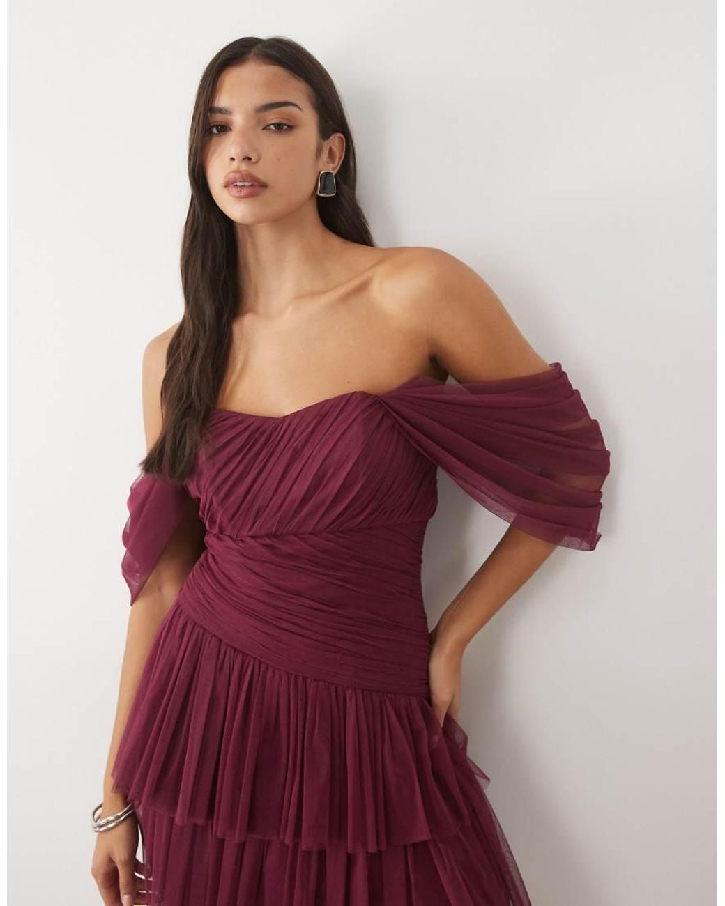 LACE & BEADS Tulle Fallen Shoulder Shirred Waist Tiered Skirt Mini Dress