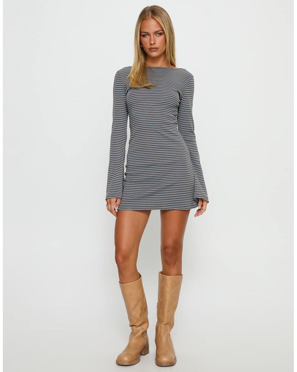 Princess Polly Gray Bryanna Cotton Rich Crew Neck Flare Sleeve Mini Dress