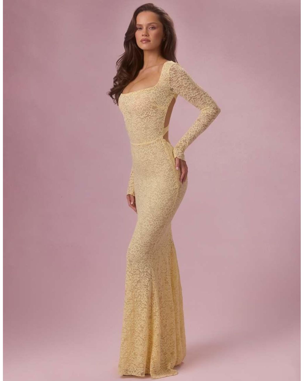 Oh Polly Pink Premium Stretch Lace Square Neck Open Tie Back Maxi Dress