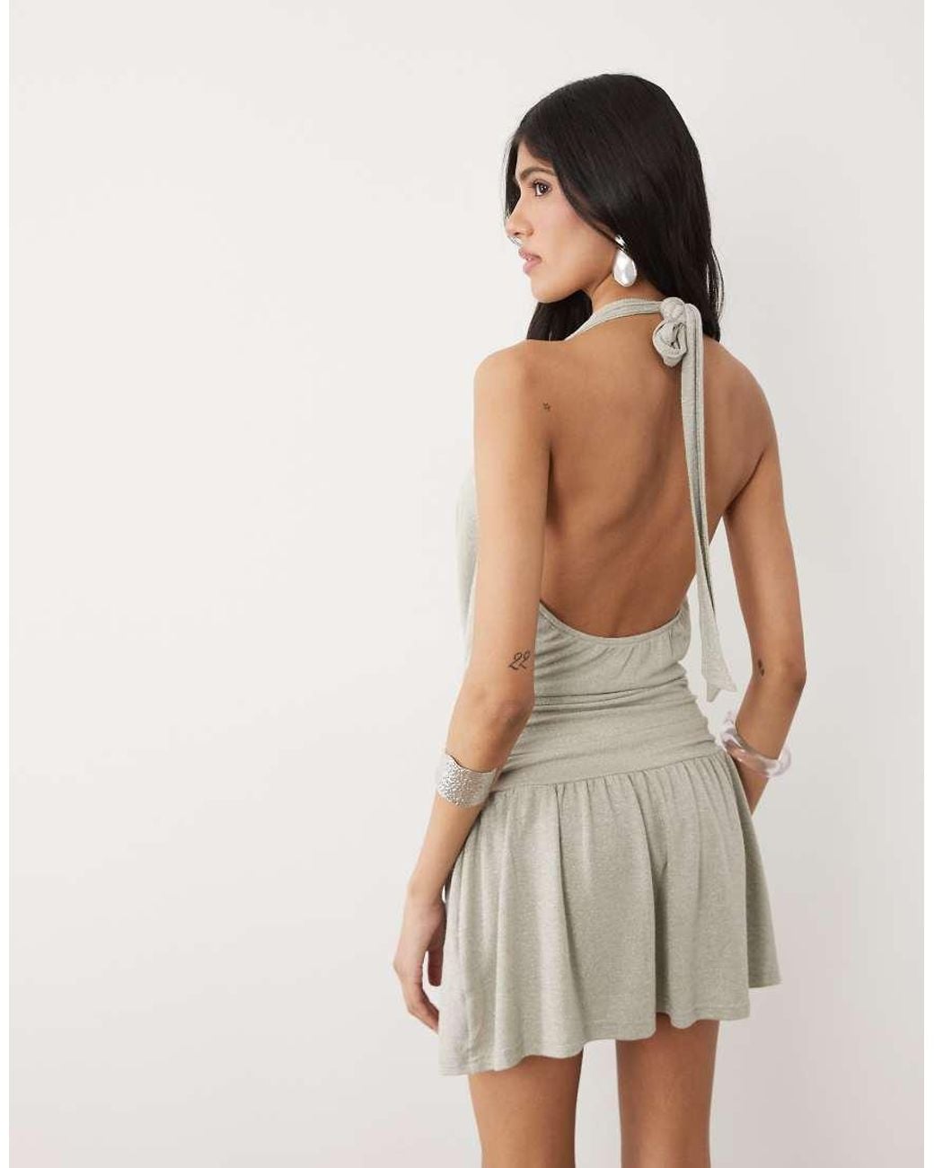 Motel White Astara Cowl Neck Ruched Mini Dress