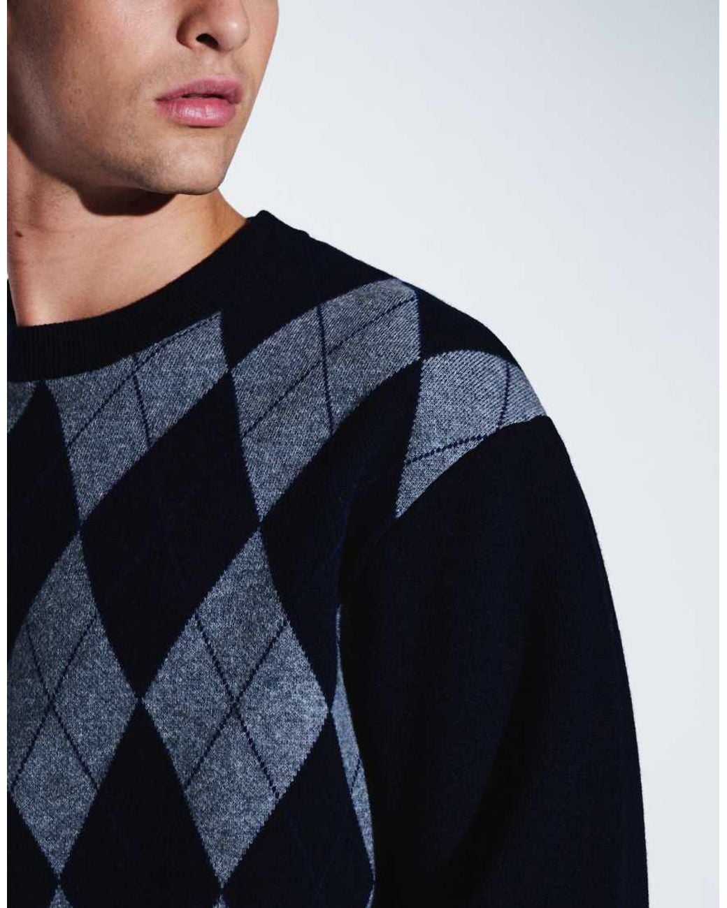 ARKET Blue Pure Merino Wool Argyle Crew Neck Sweater for men
