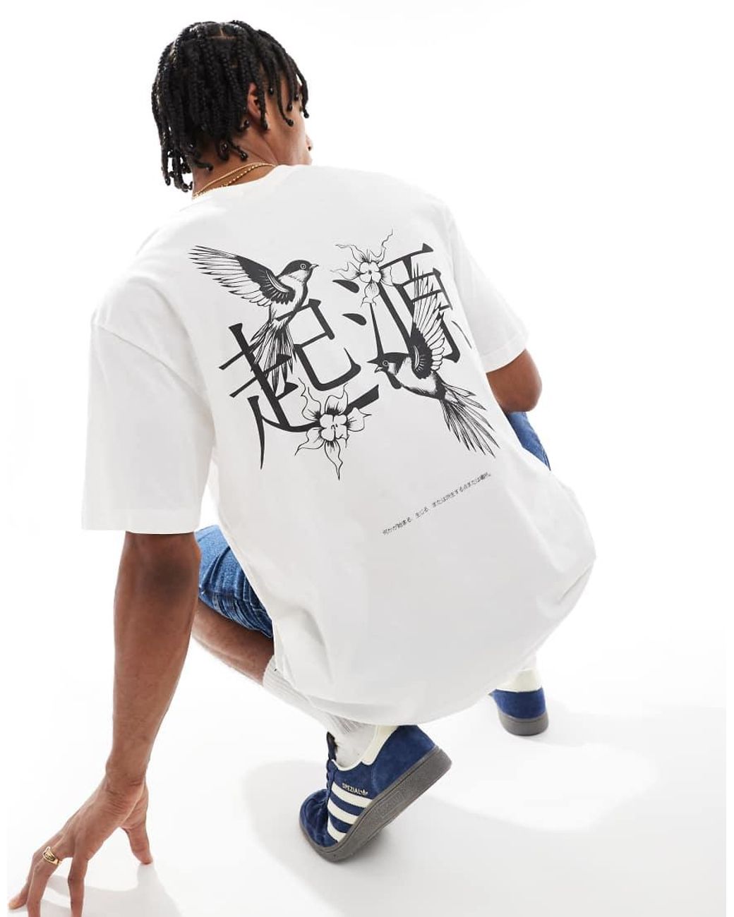 Only & Sons White Oversize T-Shirt With Bird Back Print for men