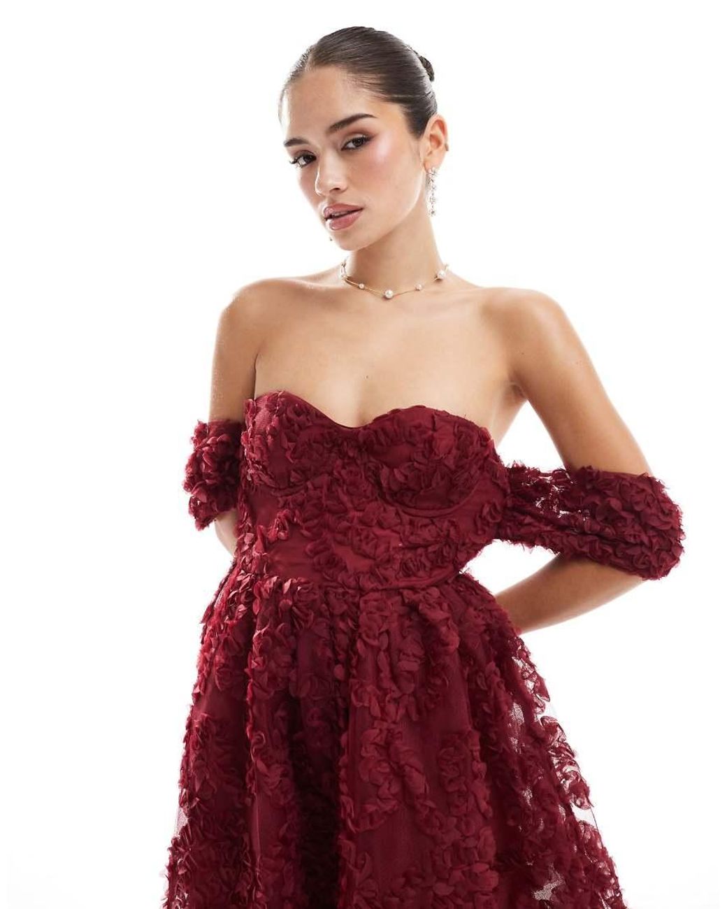True Decadence Red Bardot Bust Cup Midi Dress