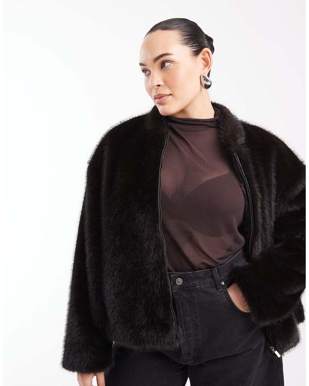 ASOS Black Asos Design Curve Zip Through Faux Fur Bomber Jacket