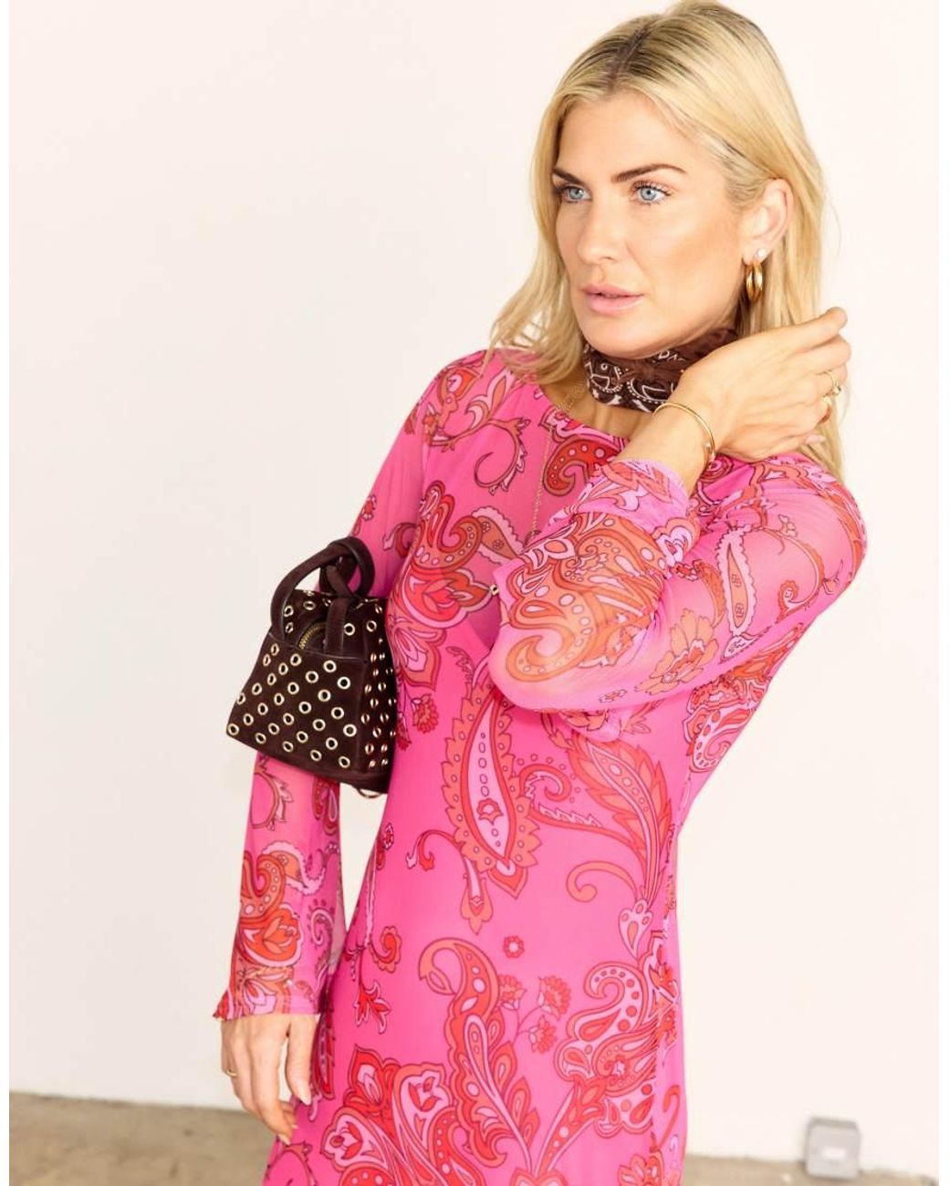 Never Fully Dressed Pink Mesh Slash Neck Flared Sleeve Maxi Dress