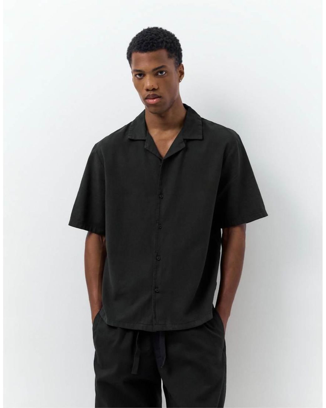 Pull&Bear Black Short Sleeve Linen Blend Shirt for men