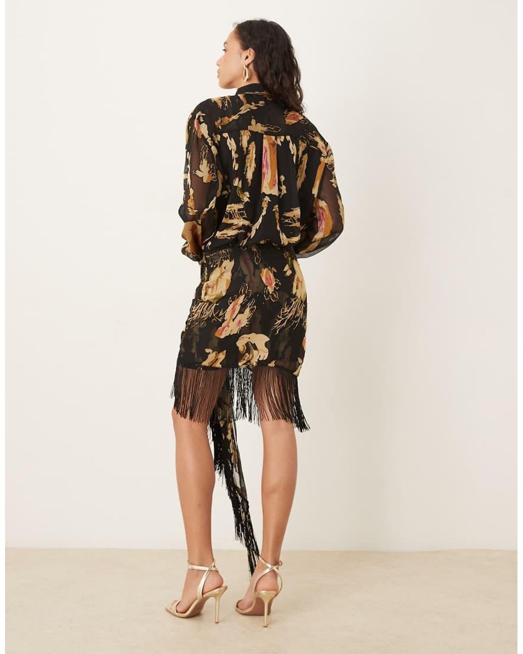 ASOS Natural Mini Shirt Dress With Fringe Skirt