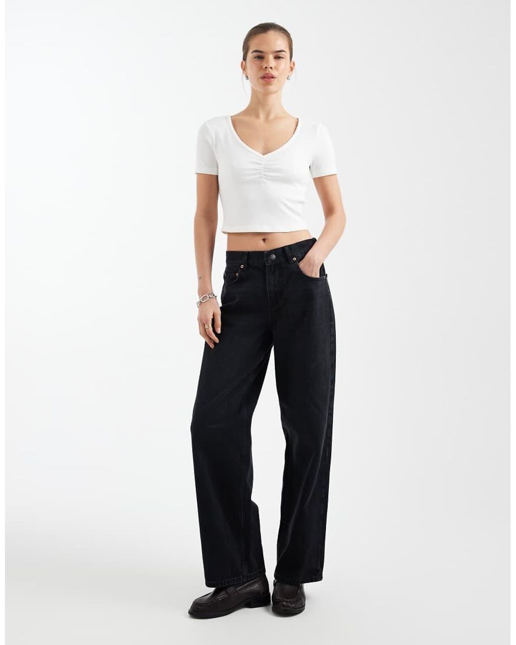 ONLY White V-neck Ruched Detail Ribbed Crop T-shirt