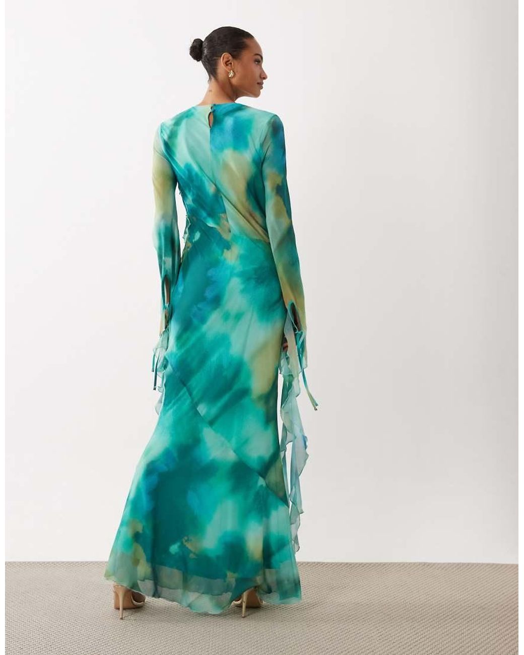 DASKA Green Chiffon High Cowl Neck Frill Detail Maxi Dress
