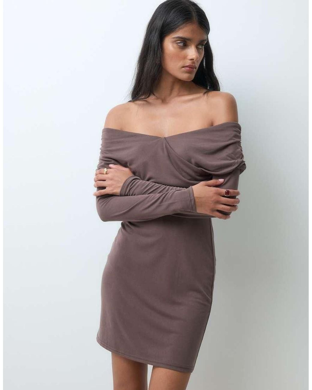 Miss Selfridge Brown Off Shoulder Wrap Mini Dress