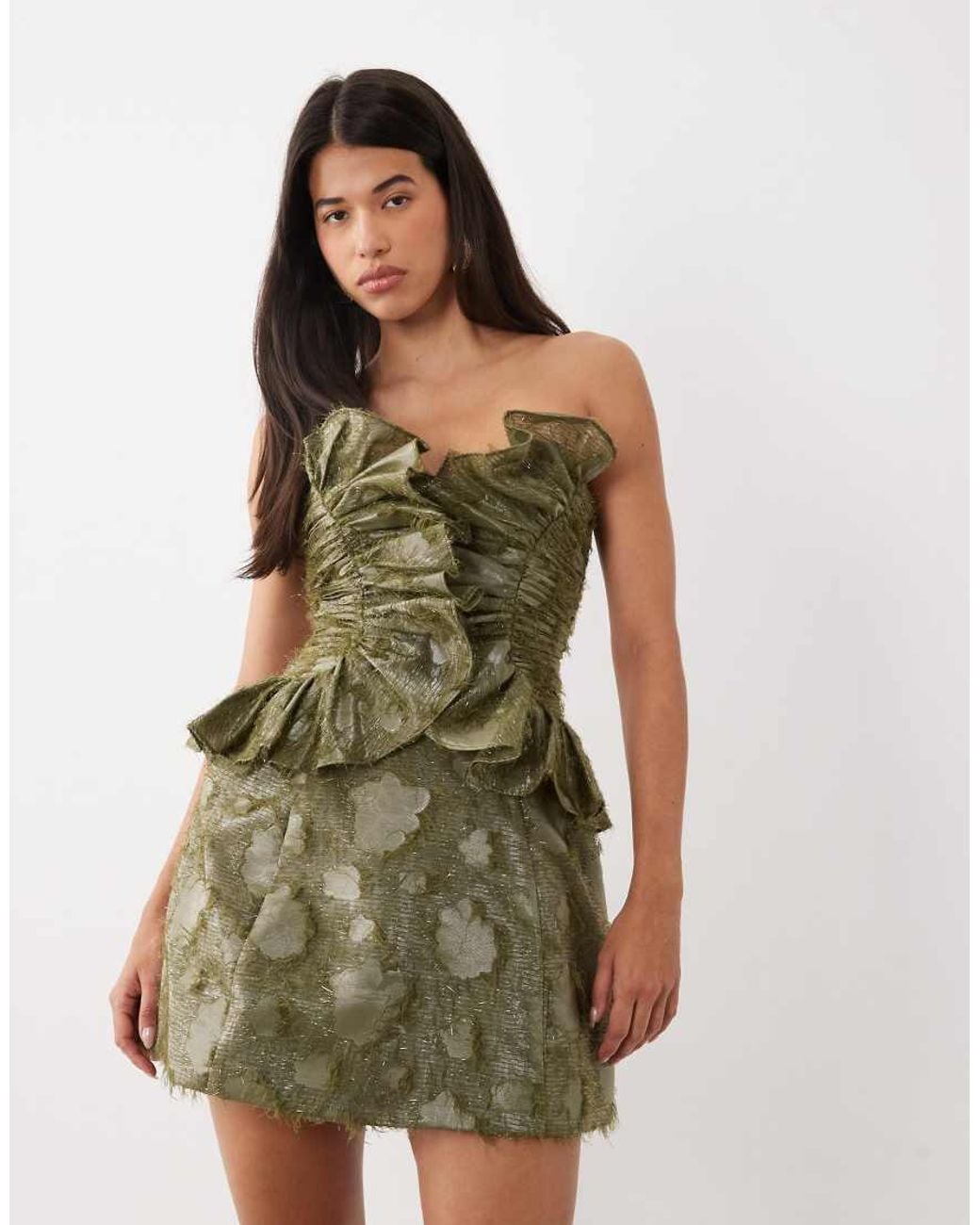 ASOS Green Ruffle Bodice Textured Fabric Mini Dress