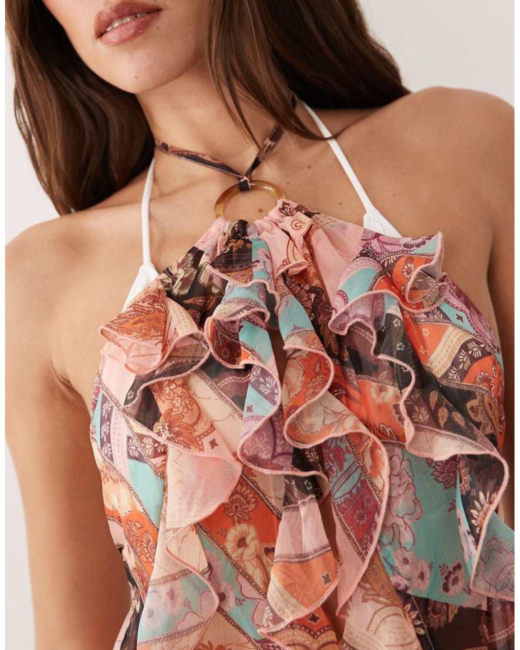 Miss Selfridge Brown Beach Ring Detail Halterneck Cut About Scarf Print Cover Up