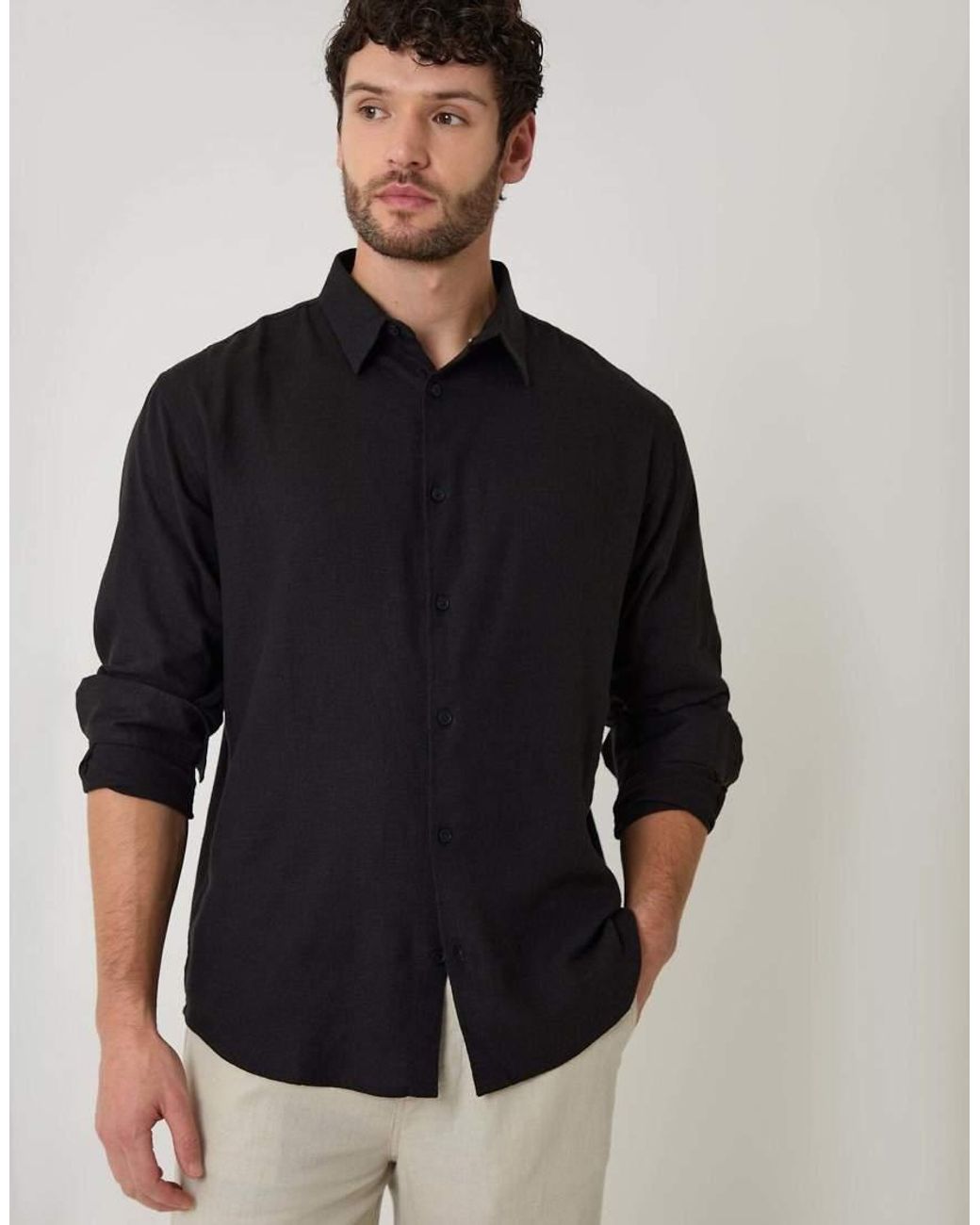 Threadbare Black Relaxed Fit Linen Blend Shirt for men