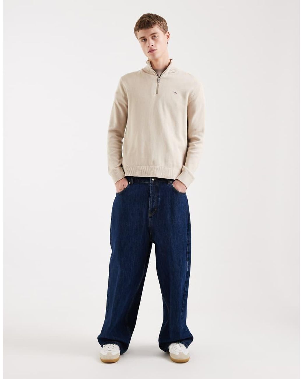 Tommy Hilfiger Natural Chest Logo Quarter Zip Sweater for men