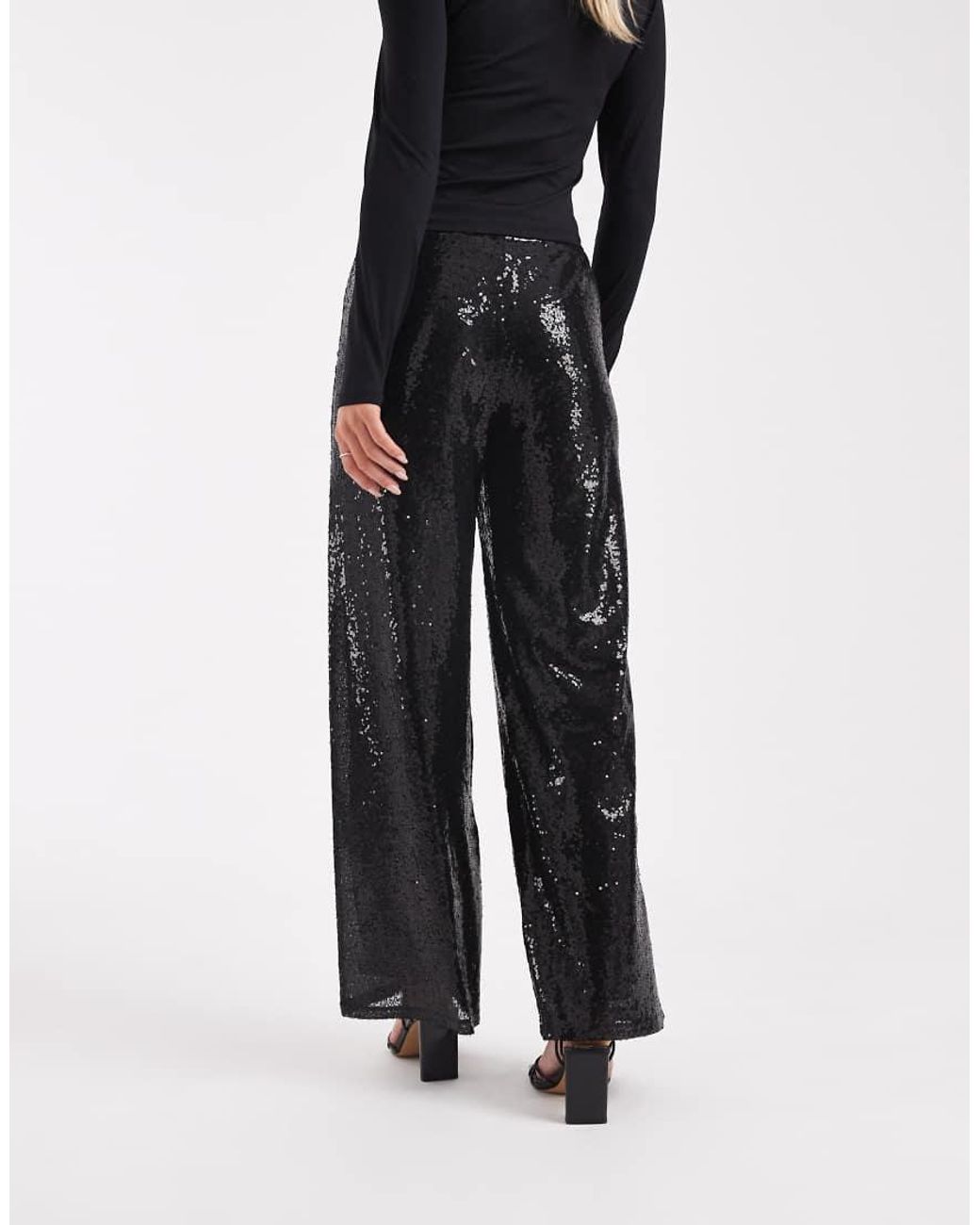 Only Petite Black High Waist Pull On Sequins Trousers