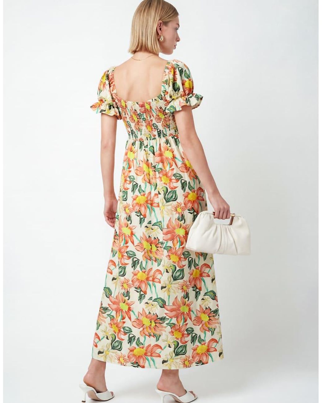 Lovedrobe Metallic Floral Print Short Sleeve Shirred Midaxi Dress