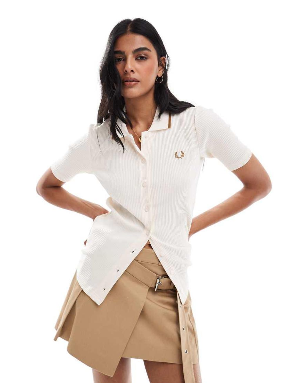 Fred Perry Button Through Ribbed Shirt in Natural | Lyst UK