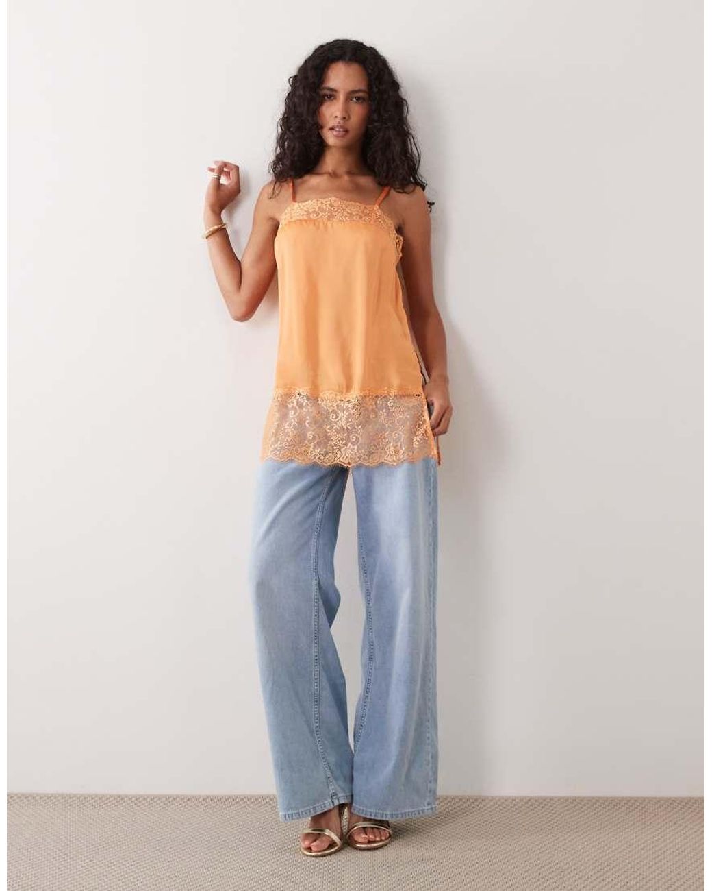 ASOS Orange Square Neck Lace Trim Satin Cami