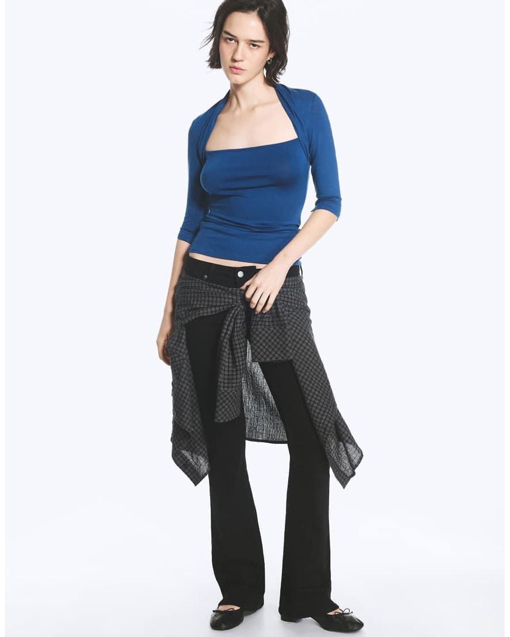 Weekday Blue Square Neck 3/4 Length Sleeve Top